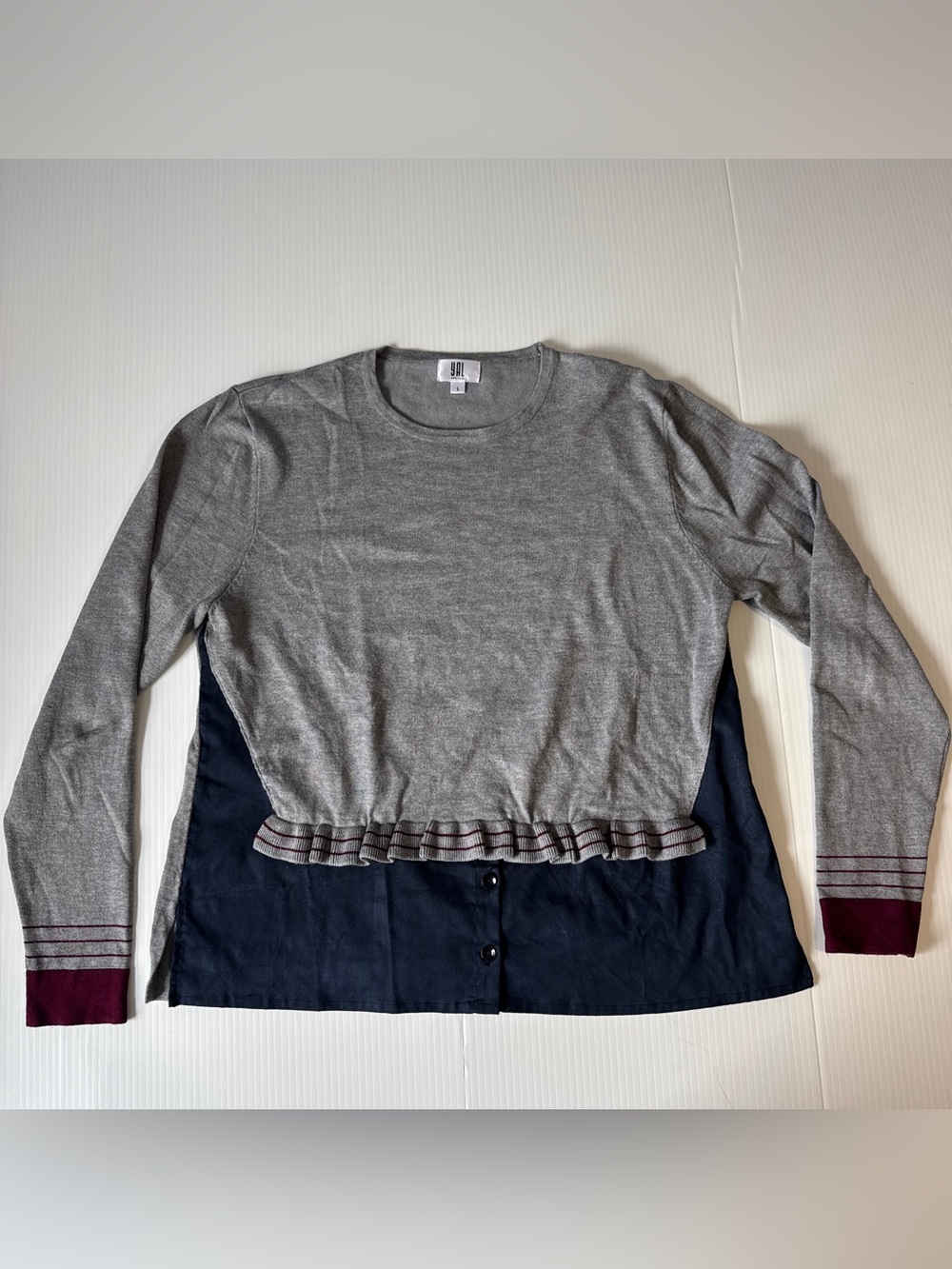 YAL New York Layered Sweater Blouse Gray Navy Ruffle Preppy Academia Large